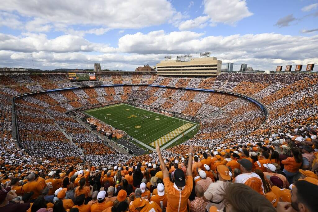 Tennessee Neyland Stadium packed with fans in orange and white checkerboard stands