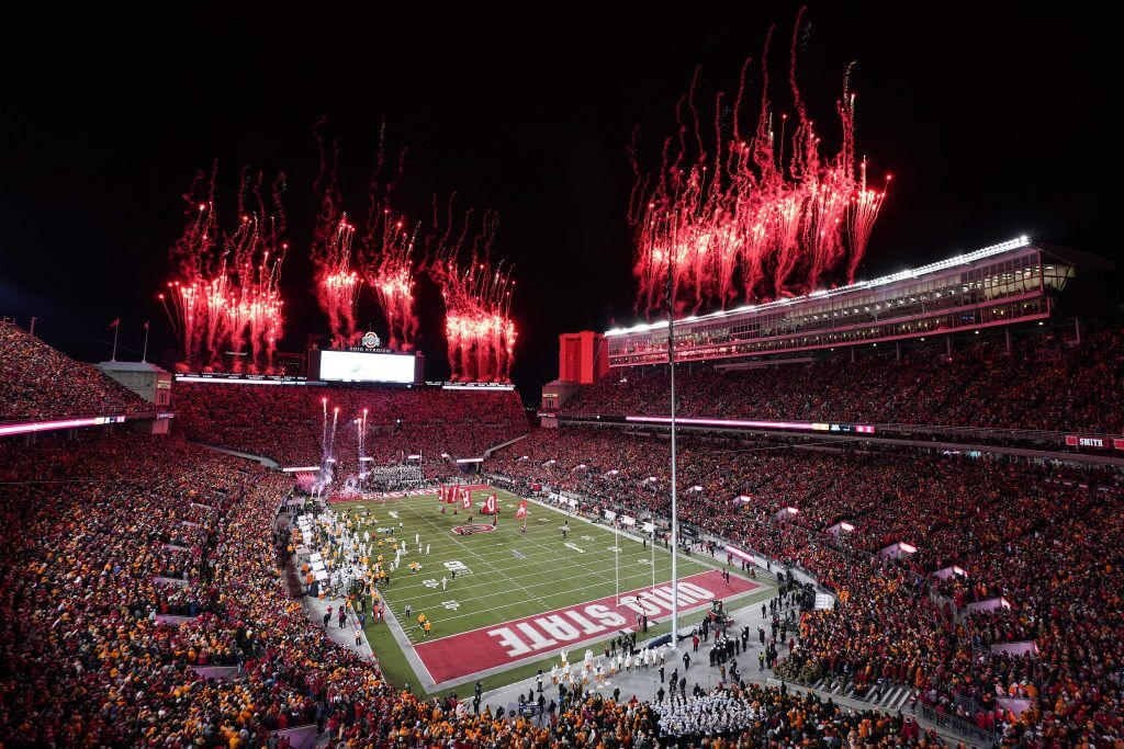 Fireworks over a packed Ohio Stadium during a night football game