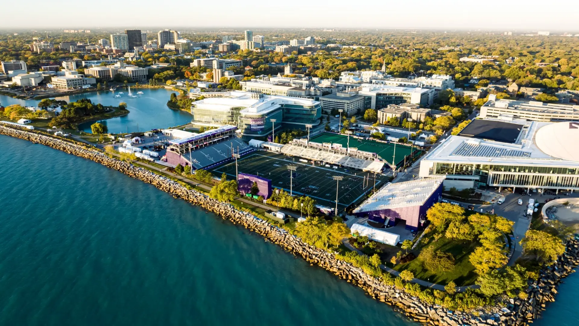 Aerial view of Northwestern's lakeside football stadium on the shore of Lake Michigan