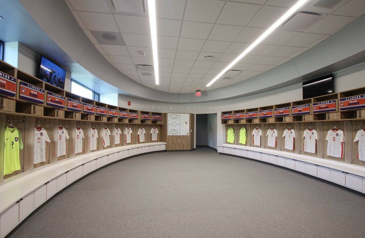 Clemson United soccer locker room with player jerseys and lockers